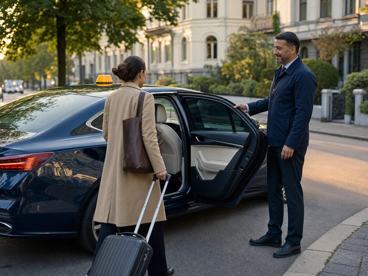 Professionell taxiförare välkomnar en resenär i Göteborg