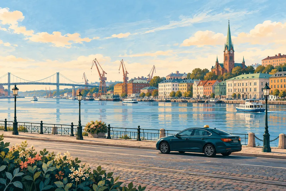 Illustration av en taxiresa i en västkuststad vid älven