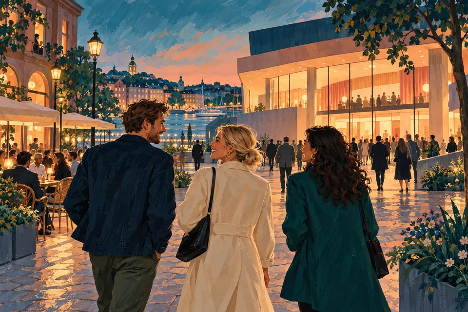 Illustration av besökare på väg till ett kulturevenemang